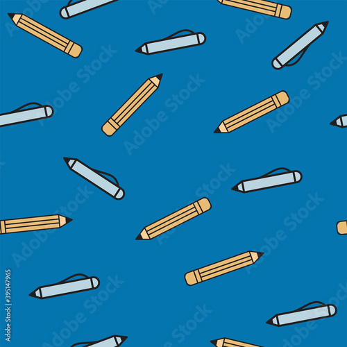 Pen and pencil on blue background, school and office supplies, seamless pattern, vector