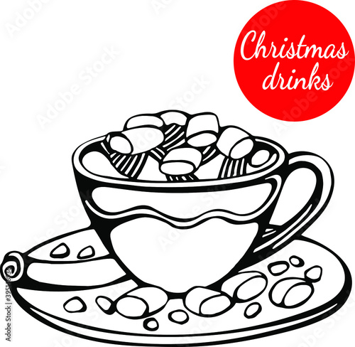 Hand drawn vector of christmas and winter drink isolated on white. Christmas cocoa with marshmallows with cream for festive design and holiday decoration.