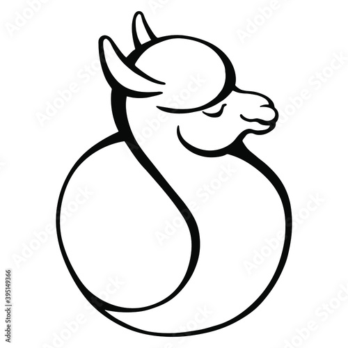 Hand-drawn cute black and white llama vector illustration isolated on white for coloring books and pages.