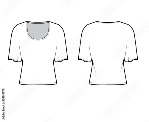 Top with elbow batwing sleeves technical fashion illustration with relax fit, under waist length, round neckline. Flat apparel blouse template front back white color. Women men unisex shirt CAD mockup