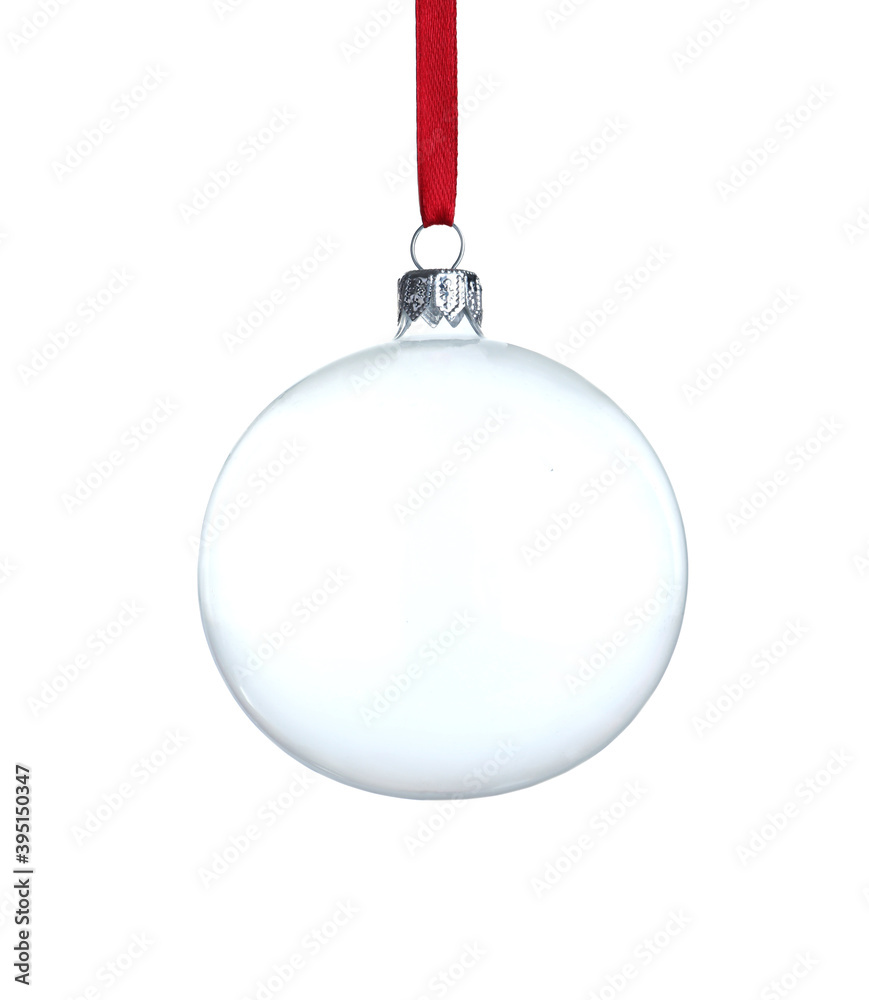 Transparent glass Christmas ball with red ribbon isolated on white Transparent glass Christmas ball with red ribbon isolated on white