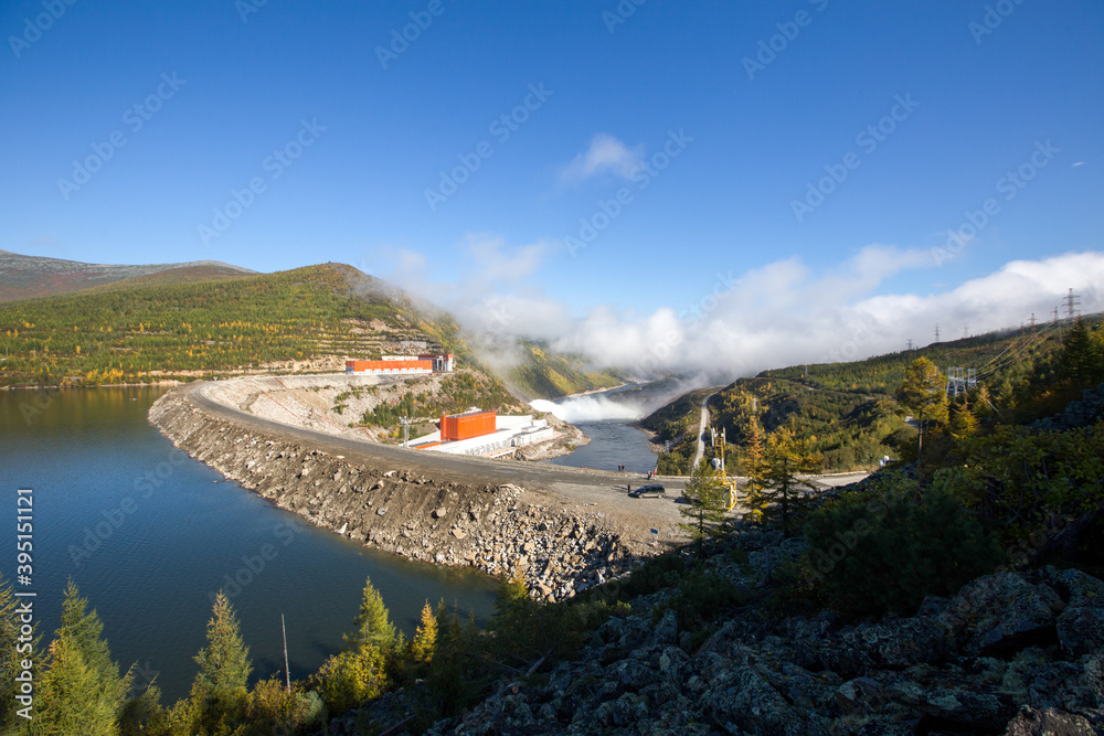The main building of the Kolyma hydroelectric power station on the Kolyma River.