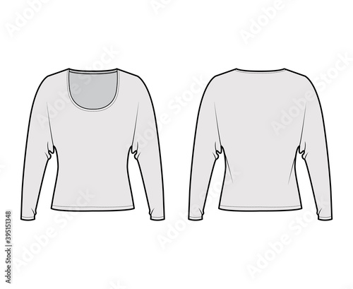 Top with long dolman sleeves technical fashion illustration with relax fit, under waist length, round neckline. Flat apparel blouse template front, back grey color. Women men unisex shirt CAD mockup