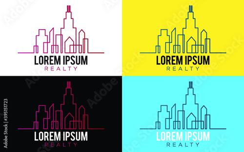 Realty logo with skyline illustration.