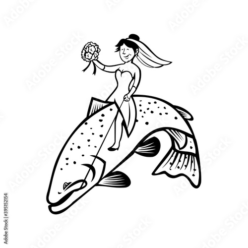Bride Female Fisherman with Flower Bouquet Riding a Steelhead Trout Cartoon Black and White