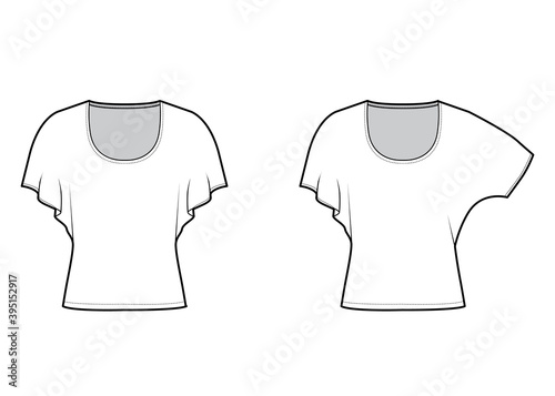 Set of Tops with medium batwing sleeves technical fashion illustration with relax fit, under waist length, round neckline. Flat apparel blouse template front white color. Women men unisex CAD mockup