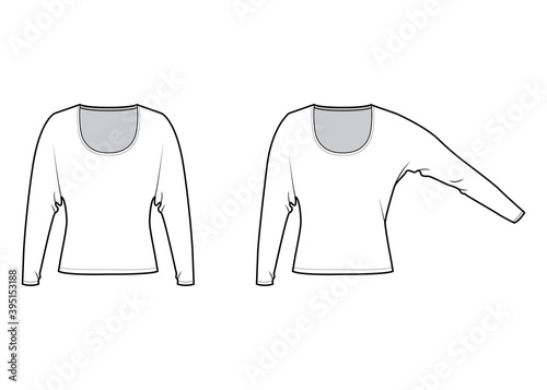 Set of Tops with long dolman sleeves technical fashion illustration with relax fit, under waist length, round neck. Flat apparel blouse template front white color. Women men unisex shirt CAD mockup
