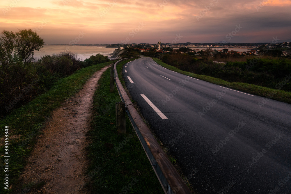 Road next to the coast at the famous basque corniche, Basque Country.