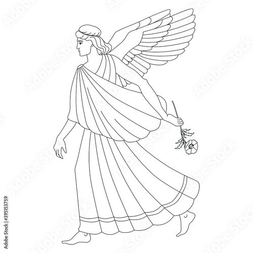 Heraldry. Hand drawn Morpheus with poppy flower vector image.  Black and white stock illustration for coloring books and pages.