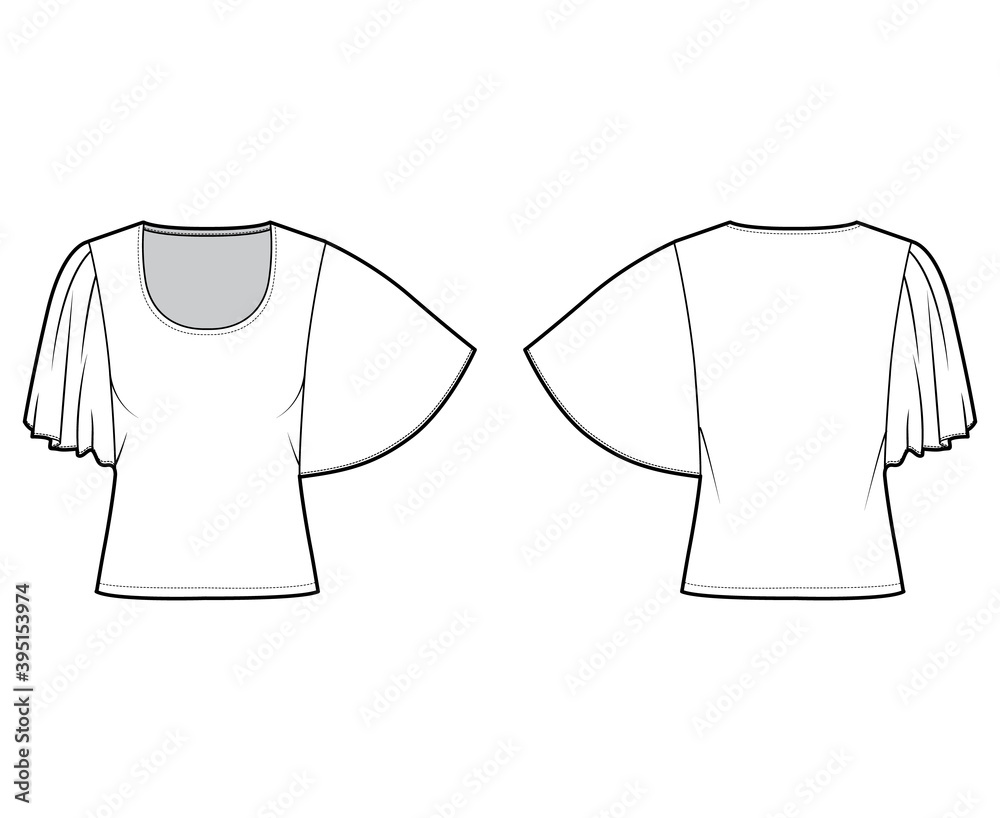 Fototapeta premium Top with elbow circle sleeves technical fashion illustration with relax fit, under waist length, round neckline. Flat apparel blouse template front, back white color. Women men unisex shirt CAD mockup