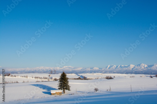 晴れた冬の日の雪原と山並み 十勝岳連峰
