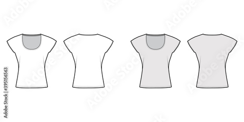 Top with short batwing sleeves technical fashion illustration with relax fit, under waist length, round neckline. Flat apparel blouse template front, back white grey color. Women men unisex CAD mockup