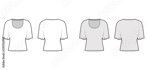 Top with elbow batwing sleeves technical fashion illustration with relax fit, under waist length, round neckline. Flat apparel blouse template front, back white grey color. Women men shirt CAD mockup