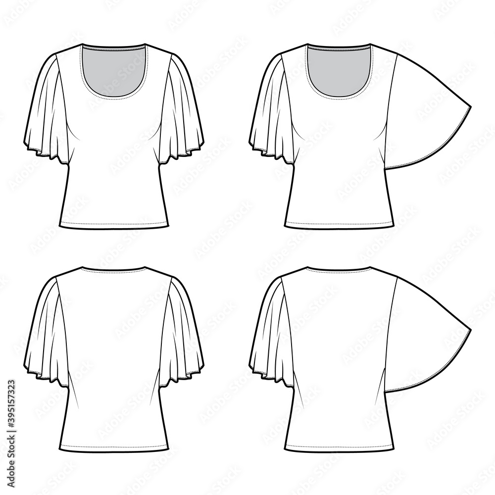 Set of Top with elbow circle sleeves technical fashion illustration with relax fit, under waist length, round neckline. Flat blouse template front, back white color. Women men unisex shirt CAD mockup Set of Top with elbow circle sleeves technical fashion illustration with relax fit, under waist length, round neckline. Flat blouse template front, back white color. Women men unisex shirt CAD mockup