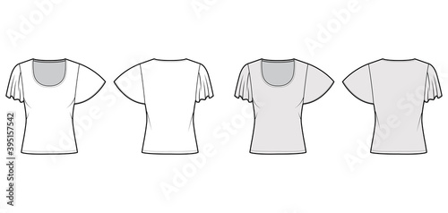 Top with short circle sleeves technical fashion illustration with relax fit, under waist length, round neckline. Flat apparel blouse template front, back white grey color. Women men shirt CAD mockup