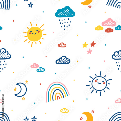 Colorful Baby Pattern with Rainbow, Sun, Rain Clouds, Moon and Stars. Sky Background. Vector Seamless Pattern with Weather Elements. Bright Wallpaper for Kids Fashion, Nursery, Baby Shower design