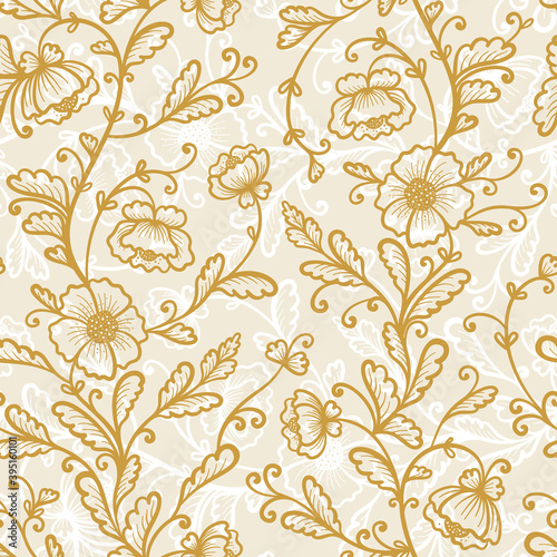 Golden Floral Pattern. Vintage Seamless Background with Stylized Poppy Flower. Outline Beautiful Flowers and Leaves. Vector illustration