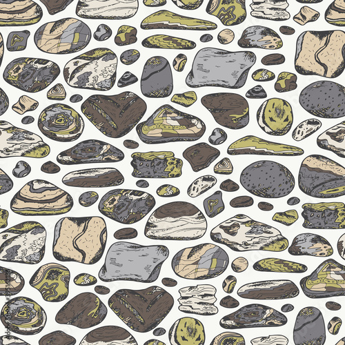 Sea stones seamless pattern. Hand drawn doodle sea pebbles - vector illustration