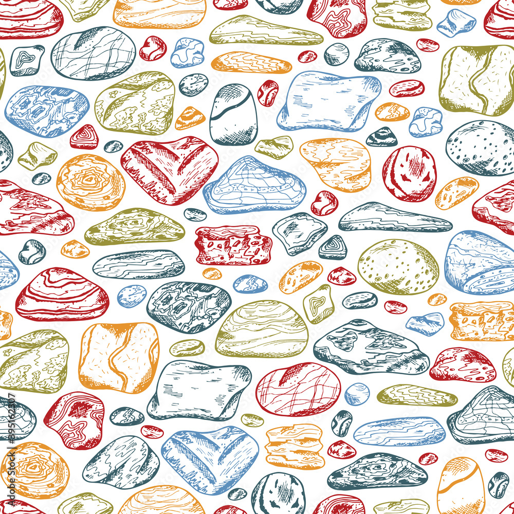 Sea stones seamless pattern. Hand drawn doodle sea pebbles - vector illustration. Colorful stones background