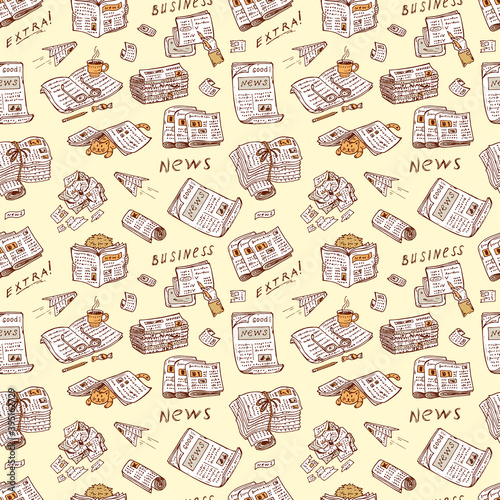 Press. Newspapers. Vector Seamless pattern: stacks and rolls of newspapers and magazines - Hand Drawn Doodles illustration