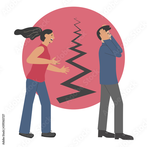 A quarrel between a man and a woman. The wife shouts at her husband. Split in the family. Vector illustration
