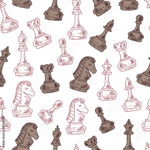 Chess Pieces Vector Seamless pattern. Hand drawn doodle king, queen, bishop, knight, rook, pawn