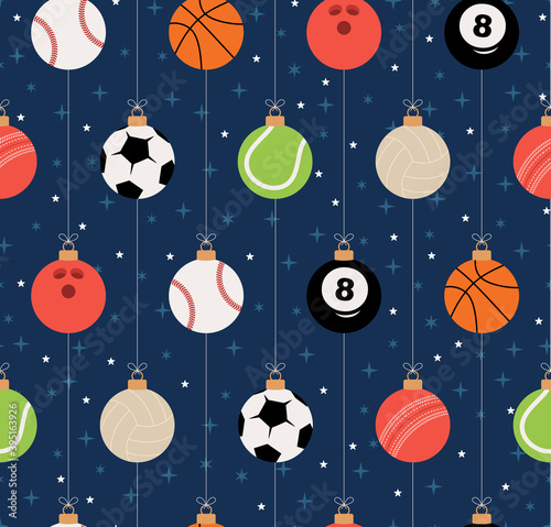 Sport Christmas seamless pattern. Christmas pattern with sport baseball, basketball, football, tennis, cricket, soccer, volleyball, bowling, billiard balls hang on a thread. Vector illustration.