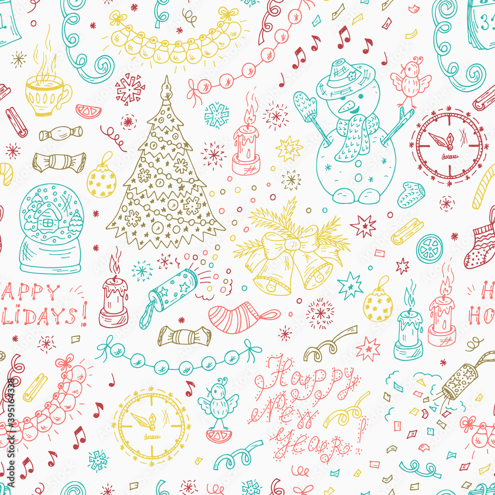 New Year seamless pattern. Happy New Year. Happy winter holidays. Merry Christmas. Hand Drawn Doodles illustration.
