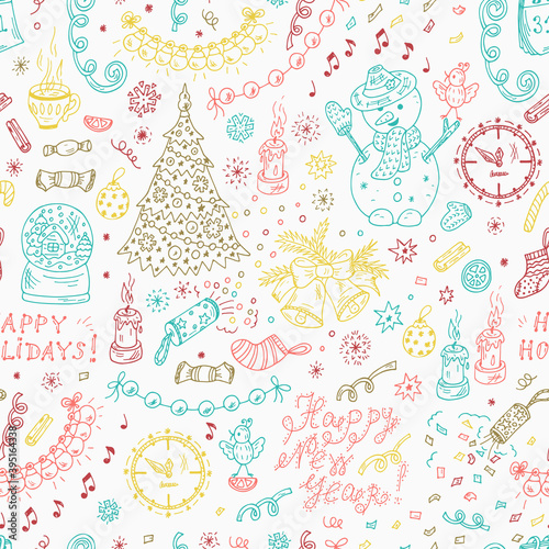 New Year seamless pattern. Happy New Year. Happy winter holidays. Merry Christmas. Hand Drawn Doodles illustration.