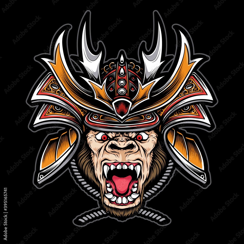 Obraz premium gorilla wearing samurai helmet vector
