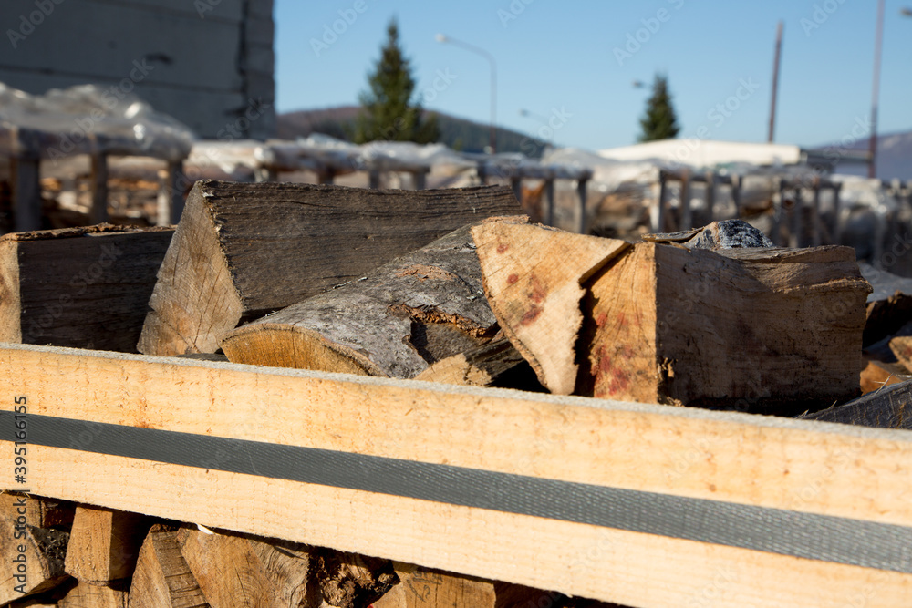 A pile of stacked firewood, prepared for heating the house.