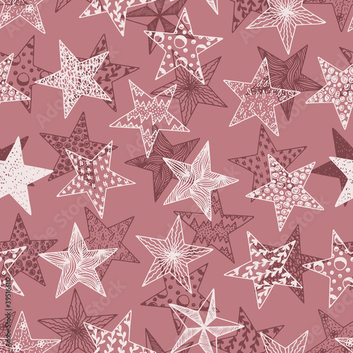 Stars - Vector Seamless pattern. Stars with different patterns. Hand drawn Red doodle Stars. 