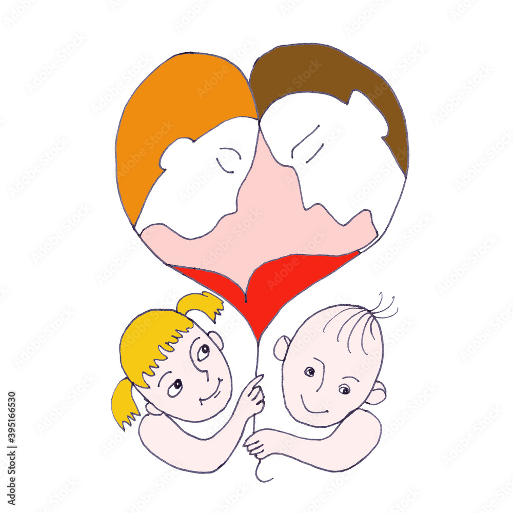 Family with two children, family love, graphic color drawing on a white background