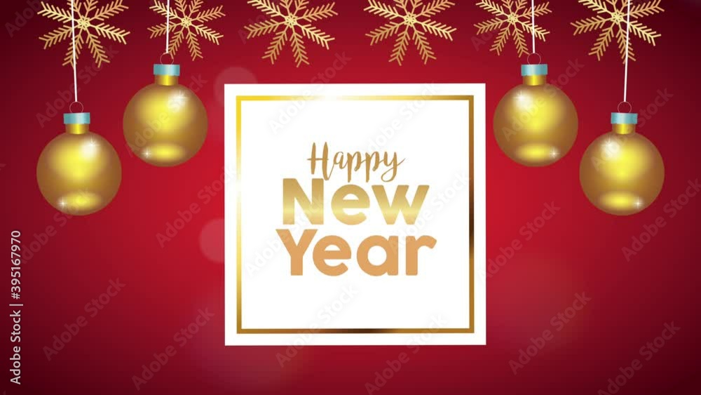 happy new year lettering card with golden balls hanging happy new year lettering card with golden balls hanging