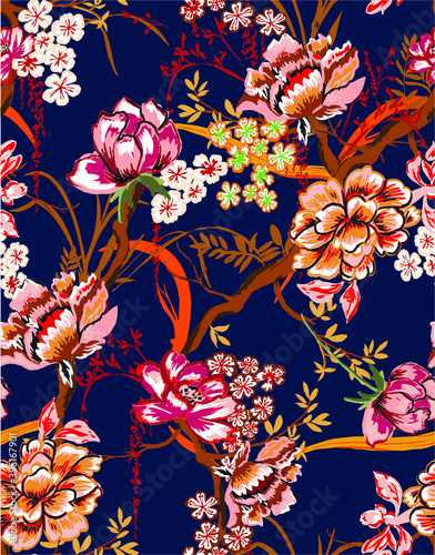 Coloruful asian style floral pattern. navy blue background