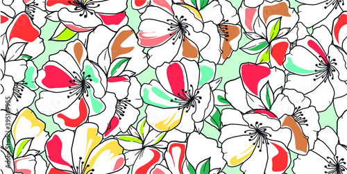 Beautiful floral pattern in flat design and intense colors with green background