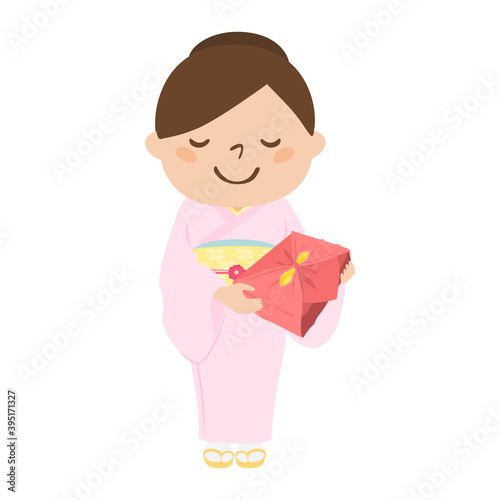 着物を着た女性のイラスト。風呂敷に包んだ贈り物を持っているおしとやかな女性。