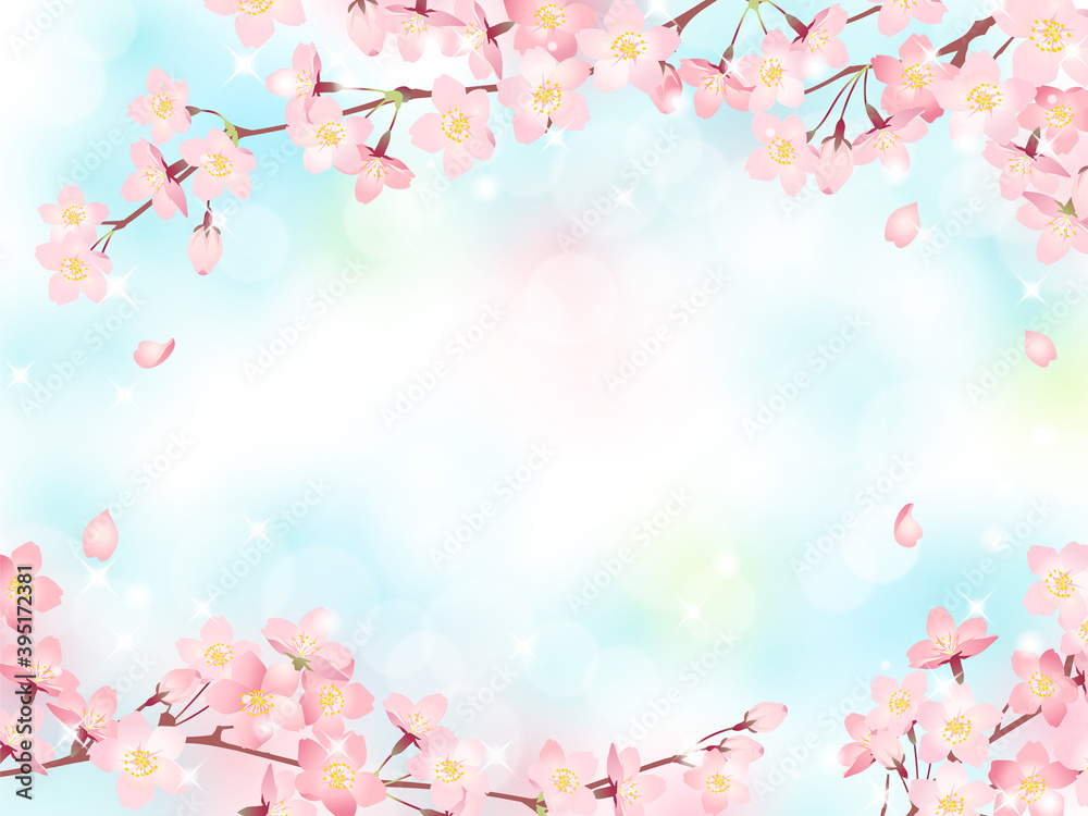 Vecteur Stock 満開の桜と青空の背景素材 ベクターイラストフレーム 横位置 Adobe Stock