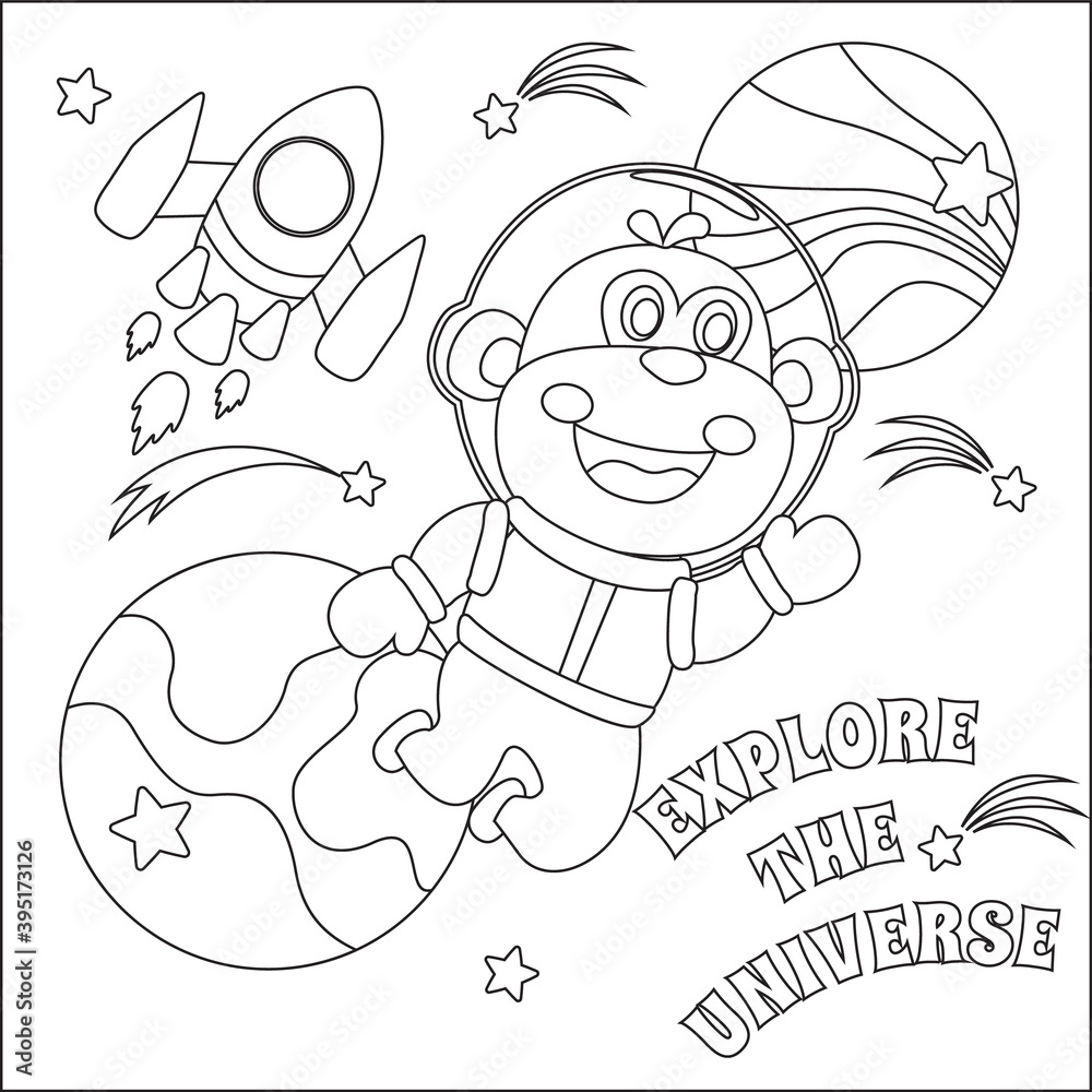 Space monkey or astronaut in a space suit with cartoon style. Creative vector Childish design for kids activity colouring book or page. Space monkey or astronaut in a space suit with cartoon style. Creative vector Childish design for kids activity colouring book or page.
