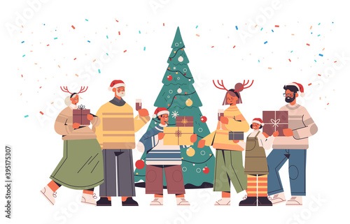 multi generation family in santa claus hats holding wrapped gift boxes happy new year and merry christmas holidays celebration concept horizontal full length vector illustration