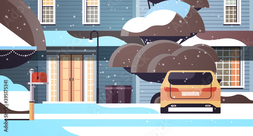 car on snow covered house yard in winter season house building with decorations for new year and christmas celebration horizontal vector illustration