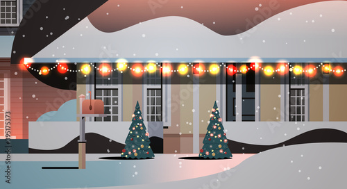snow covered night house yard in winter season home building with decorations for new year and christmas celebration horizontal vector illustration
