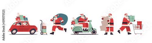 set santa claus delivering gifts merry christmas happy new year holidays celebration concept horizontal full length vector illustration