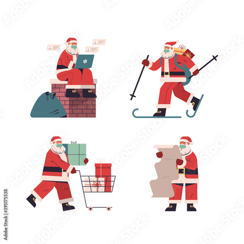 set santa claus delivering gifts merry christmas happy new year holidays celebration concept full length vector illustration