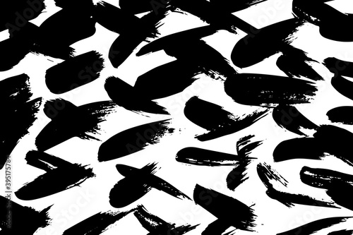 Abstract black white image with long and short intermittent liquid lines made by brush. A monochrome image drawn by hand. Dirty shabby smears of black paint. Vector eps illustration.