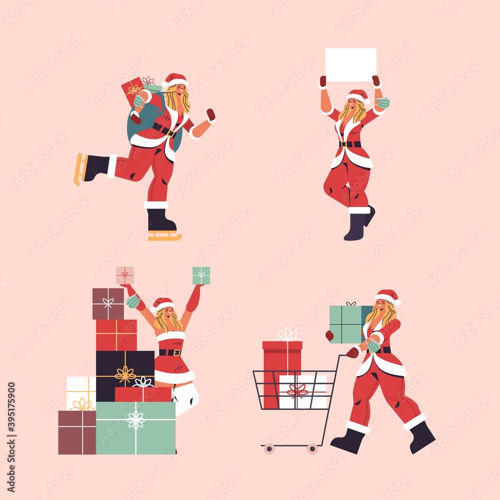set girl in santa claus costume preparing for merry christmas and happy new year holiday celebration concept female cartoon characters collection full length vector illustration