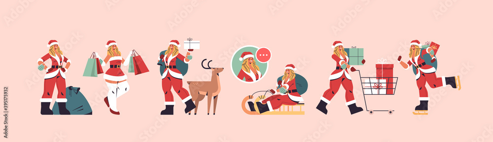 set girl in santa claus costume preparing for merry christmas and happy new year holiday celebration concept female cartoon characters collection full length horizontal vector illustration