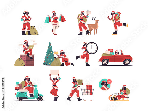 set african american girl in santa claus costume preparing for merry christmas and happy new year holiday celebration concept female cartoon characters collection full length vector illustration