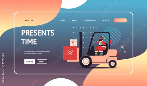 african american santa claus driving forklift truck loading colorful gifts merry christmas happy new year express delivery concept horizontal copy space vector illustration