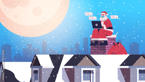 santa claus in mask sitting on roof using laptop happy new year merry christmas holidays celebration concept full length horizontal vector illustration